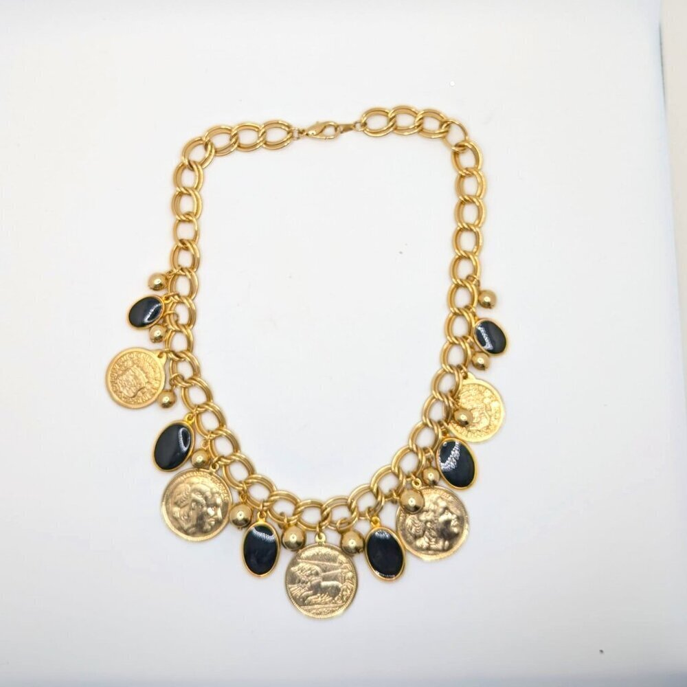 Coin Necklace Black Disc Charms Coin Dangles Charms Gold Tone Link Chain 24"